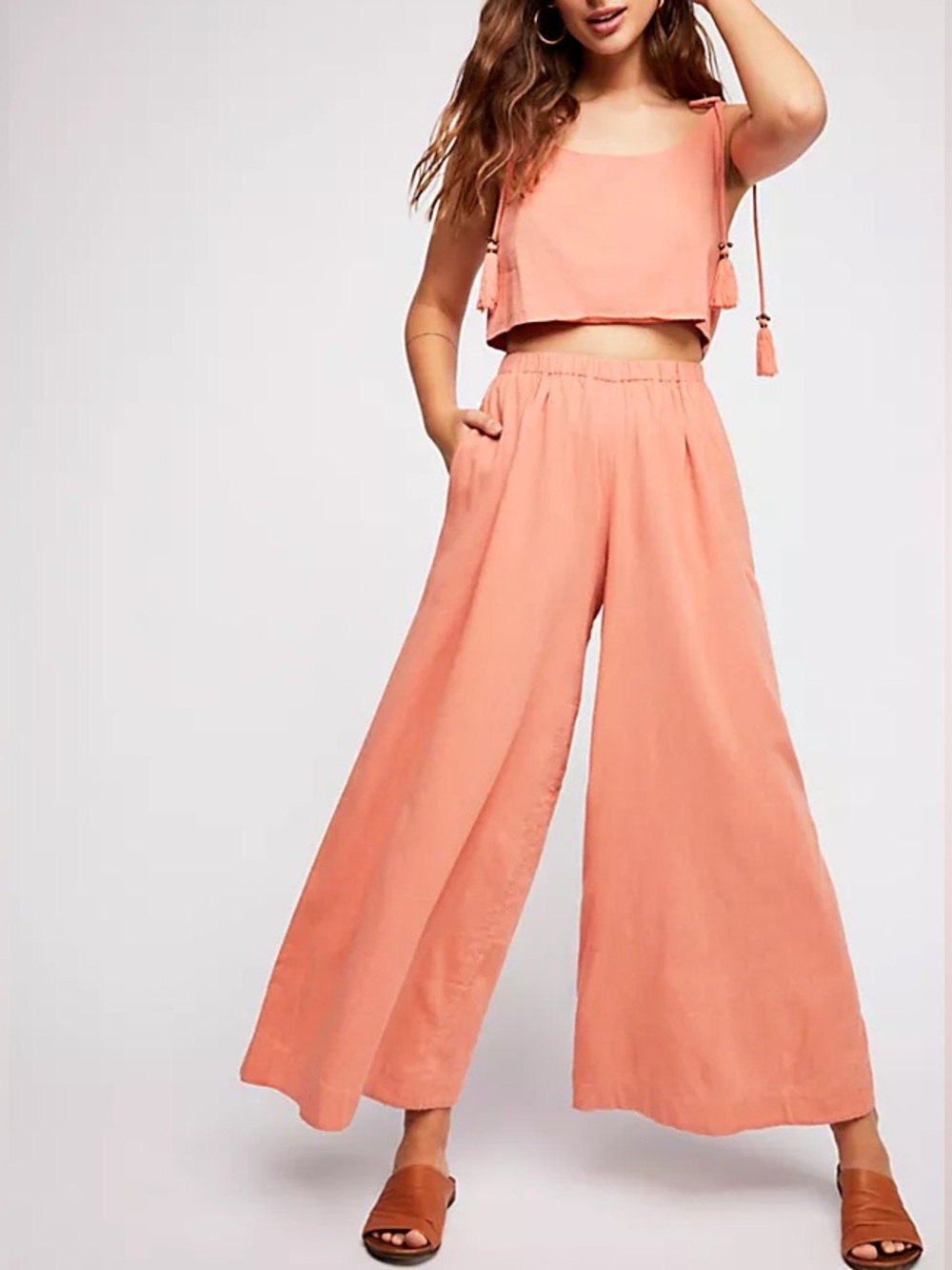 Free People Two Timin Jumpsuit XS Coral Wide Leg Romper Cutout Tassel Boho Lined